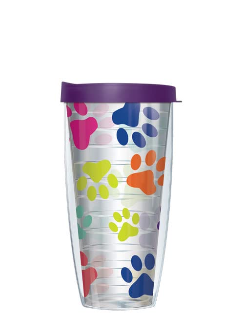 Freeheart Colorful Paw Prints Wrap on Clear w/ Eggplant Purple Lid Tumbler Cup 22 Oz | Fantastic Temperature Retention, Thermal Insulated! Dishwasher and Microwave Safe | BPA Free| Great Gift Idea