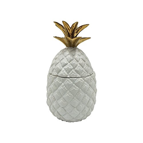 Comfy Hour Farmhouse Home Decor Collection 9" Pineapple Storage Jar Candy Jar Cookie Jar With Lid, High Gloss White and Gold Stoneware