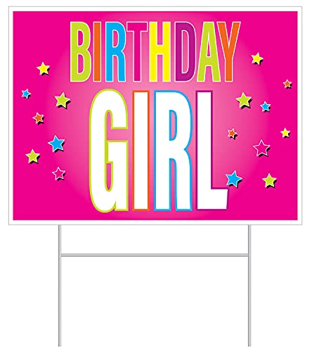 Beistle Plastic Birthday Girl Yard Sign With Stake Outdoor Lawn Party Decorations, 11.5" x 15.5", Multicolored