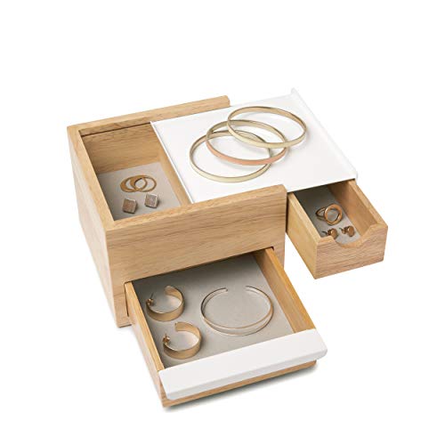 Umbra Mini Stowit Jewelry Box - Modern Keepsake Storage Organizer with Hidden Compartment Drawers for Ring, Bracelet, Watch, Necklace, Earrings, and Accessories (White / Natural)
