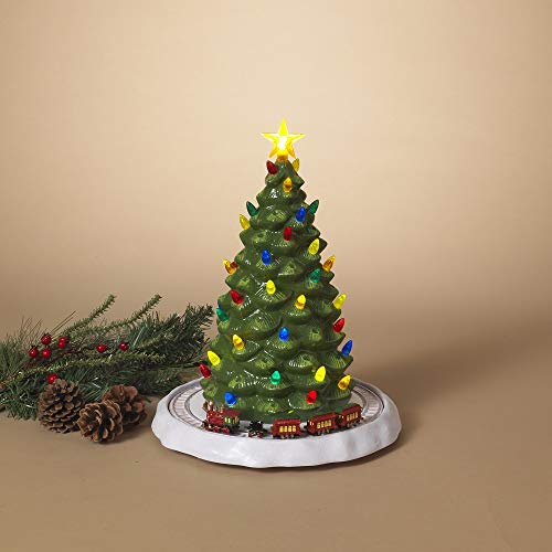 Gerson 2603720 Electric Lighted Musical Ceramic Christmas Tree with Moving Train 13.75" H