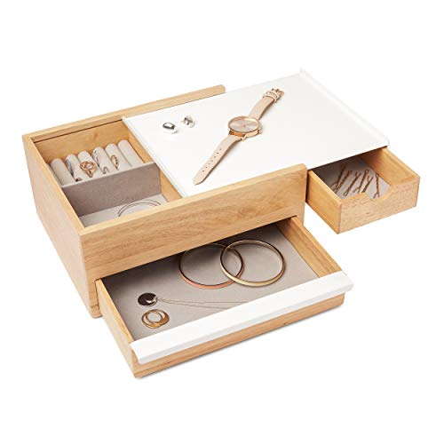 Umbra Stowit Jewelry Box - Modern Keepsake Storage Organizer with Hidden Compartment Drawers for Ring, Bracelet, Watch, Necklace, Earrings, and Accessories (White / Natural)