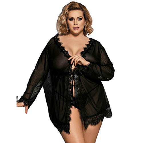 Comfy Hour Women's Black Sexy Sheer Lace Trim Robe with Belts Lingerie, X-Large