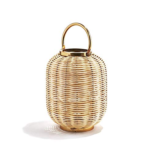 Two's Company Tozai Bali 12.75" Woven Cane Lantern with Metal Frame/Handle