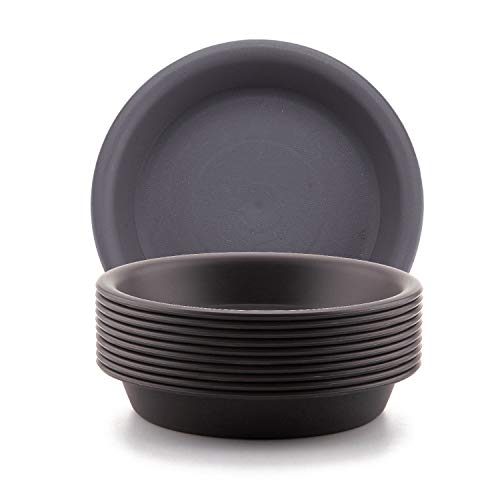 T4U 4 inch Plastic Garden Flower Planter Pot Saucer Trays Round for Holding Water Drips and Soil (Dark Grey, Set of 10), Pallet Base Container for Holding Cactus Herb Indoor Outdoor Gardening