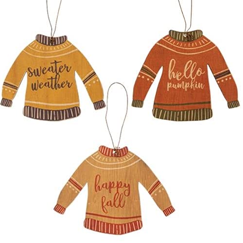 Set of 3 - Fall Wood Sweater Hanging Ornaments - Fall Autumn Halloween Thanksgiving - Hello Pumpkin, Sweater Weather, Happy Fall - Country Farmhouse Rustic Look