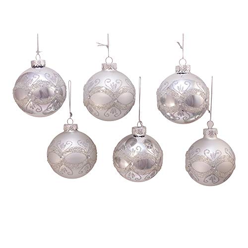 Kurt Adler Kurt S. Adler 80MM Silver with Glitter and Sequins Glass Ball, 6 Piece Box Ornament,