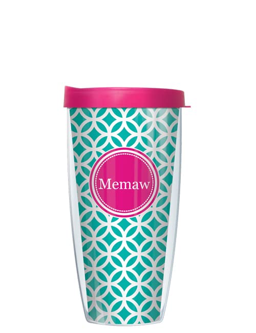 Freeheart Pink Memaw Insignia Wrap on Teal and White Roundabout w/ Hot Pink Lid Tumbler Cup 22 Oz | Fantastic Temperature Retention, Thermal Insulated! Dishwasher and Microwave Safe | BPA Free| Great Gift Idea