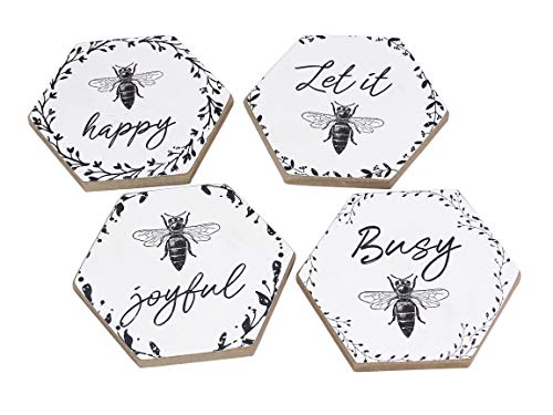 Youngs Honey Bee Wood Coaster Set of 4 - Bee Happy - Bee Joyful - Let it Bee - Busy Bee