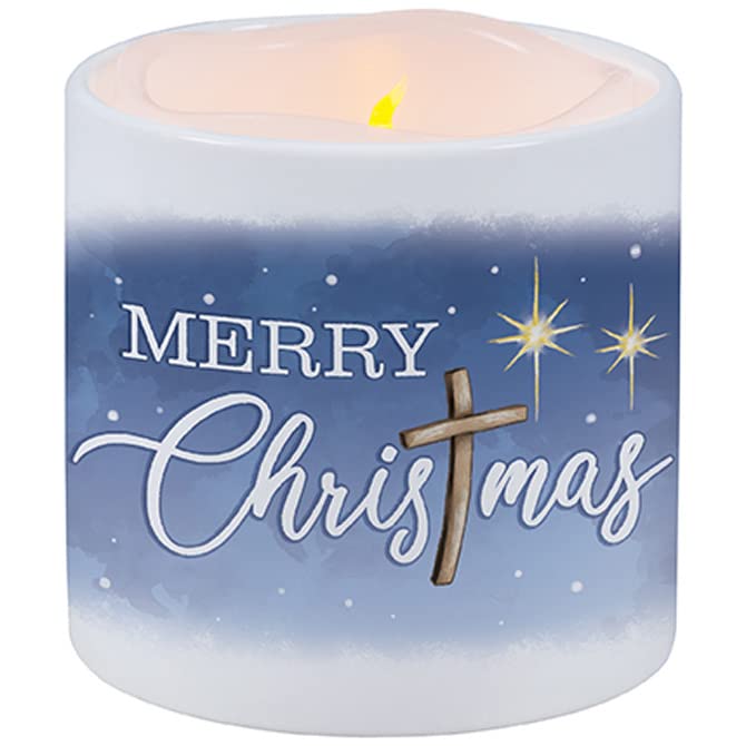 Carson Home 70853 Merry Christmas LED Candle with Ceramic Holder, 3.5-inch Diameter
