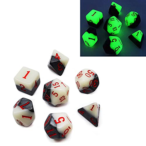 Bescon Dice Two-Tone Glowing Polyhedral Dice 7pcs Set Green Dawn, Luminous RPG Dice Set d4 d6 d8 d10 d12 d20 d%, Brick Box Packaging