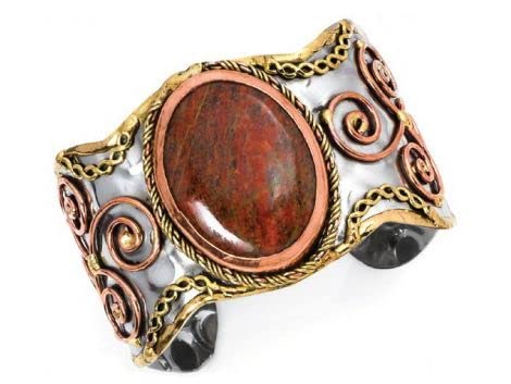 Anju Mixed Metal Cuff Bracelet with Red-Green Unakite Stone for Women