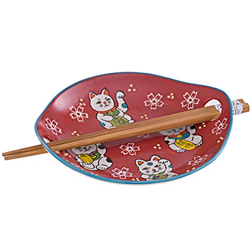 FMC Fuji Merchandise Mira Design Japanese Design Quality Ceramic Stoneware Sushi Serving Plate with Chopsticks (Maneki Neko)