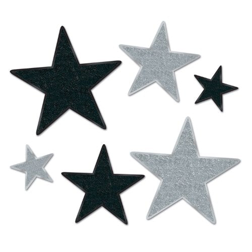 Beistle 6 Piece Glittered Sparkle Paper Star Cut Outs ‚Äì VIP Awards Night Decorations ‚Äì New Years Eve Party Supplies, 5" - 12", Black/Silver