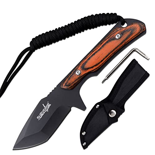 Master Cutlery SURVIVOR - Fixed Blade Knife - Black Stainless Steel Blade, Full Tang, Removable Brown Wood Handle Scale with Paracord, Nylon Sheath and Tork Screw Tool- Hunting, Camping, Survival - SV-FIX018BK