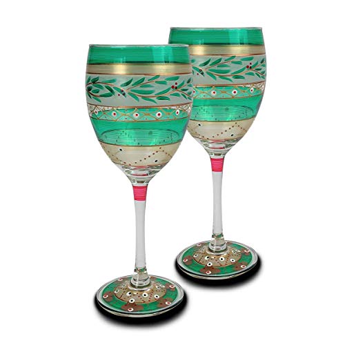 Golden Hill Studio Hand Painted Wine Glasses Set of 2 - Moroccan Mosaic Forest Collection - Hand Painted Glassware by USA Artists - Unique and Decorative Wine Glasses, Kitchen Table D√©cor