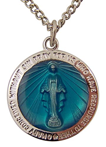 True Faith Jewelry Sterling Silver Miraculous Medal Pendant with Blue Enamel Overlay, 7/8 Inch