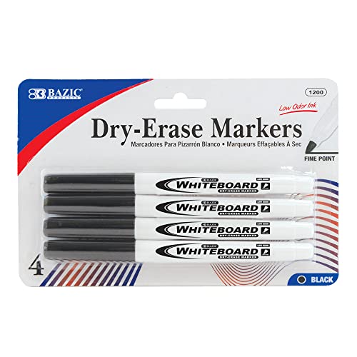 BAZIC Black Fine Tip Dry Erase Marker, Whiteboard Pens Markers Marcador no-permanente, School Office Home (4/Pack), 1-Pack