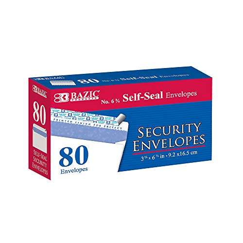 BAZIC #6 3/4 Self-Seal Security White Mailing Envelope, 3 5/8 x 6 1/2 Safe Quick Self-Adhesive Closure Tint Pattern, No Window, Peel & Seal (80/Pack), 1-Pack