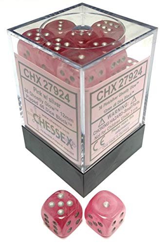 DND Dice Set-Chessex D&D Dice-12mm Ghostly Glow Pink and Silver Polyhedral Dice Set-Dungeons and Dragons Dice Includes 36 Dice ‚Äì D6 (CHX27924)