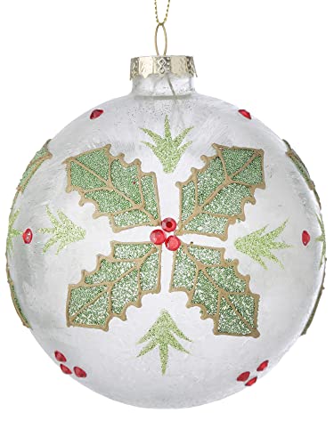 Regency International Crackle with Jewel Holy Ball Hanging Ornament, 4-inch Diameter, Glass, White, Green, and Red