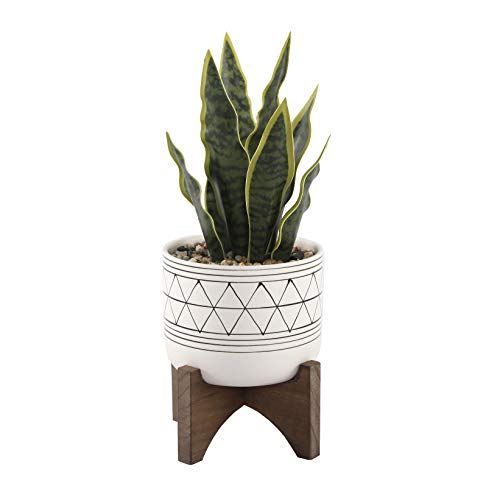 Flora Bunda Large 12" Realistic Looking Artificial Snake Plant in Geo Paint Ceramic Pot with Wooden Stand for Outdoor Indoor Home or Office Dcor Artificial Plant, Fake Plant