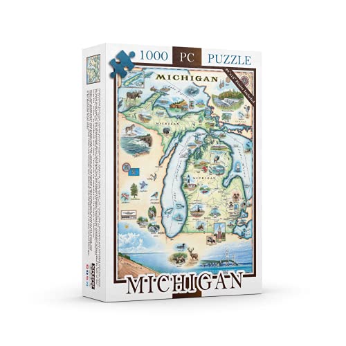 Xplorer Maps Michigan Map Cardboard Jigsaw Puzzle - 1000 Pieces, Hand-Illustrated - Educational, Family Activity, Ages 7+, Includes Poster - 25.4 x 19.8