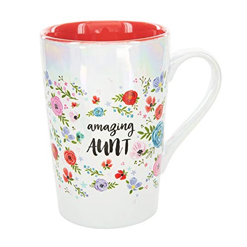 Pavilion Gift Company Amazing Aunt 15 Oz Stoneware Iridescent Floral Latte Coffee Cup Mug, White