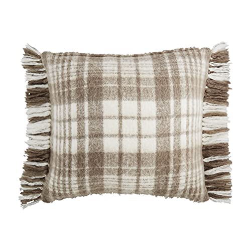 Mud Pie Acrylic Plaid Fringe Pillow, 22" x 22",  Tan