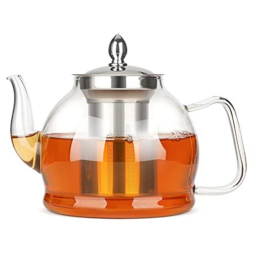 ComSaf 40OZ Glass Teapot with Removable Infuser, Stovetop Safe Tea Pot with Stainless Steel Strainer & Lid, Borosilicate Glass Tea Maker with Filter for Blooming and Loose Leaf, Clear
