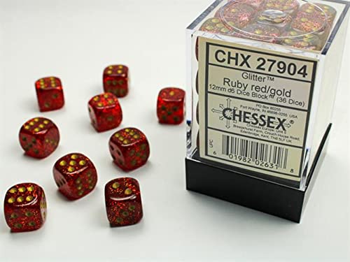 Chessex 27904 Glitter 12mm d6 Ruby and Gold Dice Block