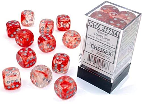 Chessex Nebula 16mm d6 Red/Silver w/Luminary Dice Block (12 dice)