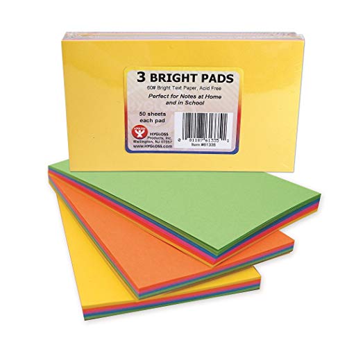 Hygloss Products Bright 50, 3 x 5-Inch Paper Sheets-5 Assorted Colors per 3 Pads, 3" x 5", 150