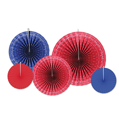 Beistle Colorful Bandana Decorative Paper Fans, Multicolor - 5pcs