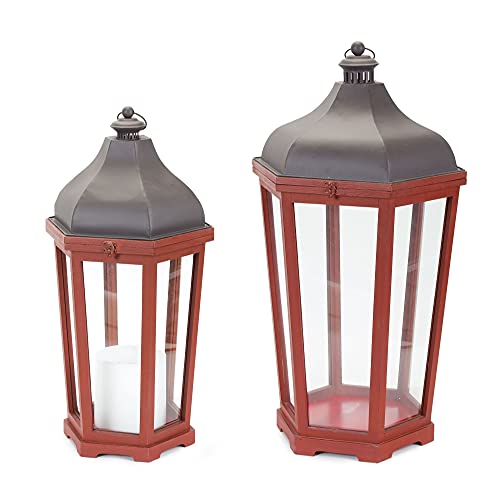 Melrose Dark Red Wood, Glass & Metal Lanterns (Set of 2)