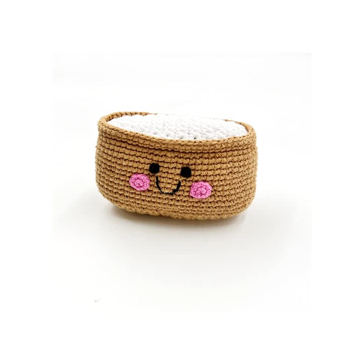 Pebble | Handmade Friendly Inari Sushi Rattle | Crochet | Fair Trade | Pretend | Imaginative Play | Woodlands | Rattle | Machine Washable