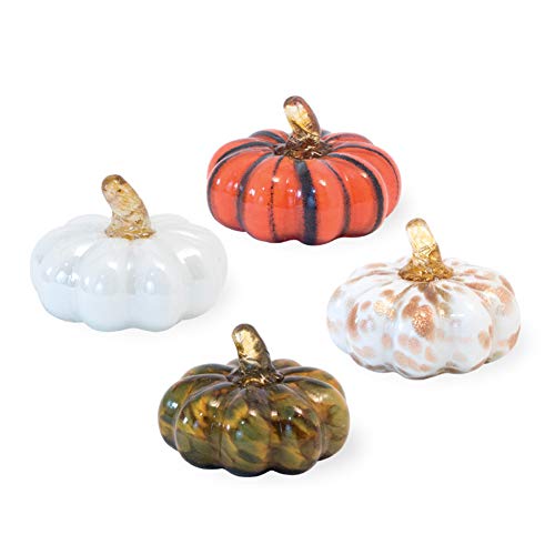Boston International Harvest Orange Green Goldtone Pumpkins 3 x 3 Glass Collectible Figurine, Set of 4