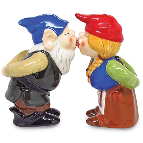 Pacific Trading Religious Gifts Kissing Gnome Couple 4 Inch Ceramic Magnetic Salt and Pepper Shaker Set Fun Novelty Gift