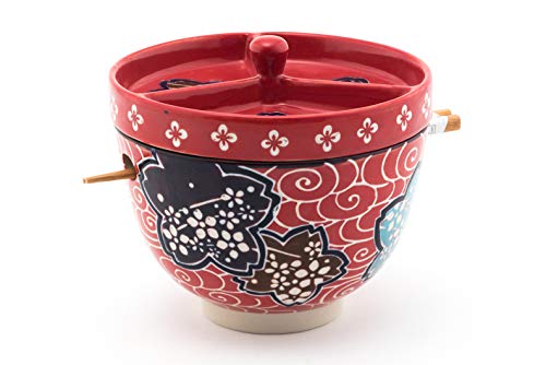 FMC Fuji Merchandise Mira Design Japanese Design Quality Ceramic Ramen Udong Soba Tempura Noodle Bowl with Chopsticks and Condiment Lid 6 Inch Diameter (Summer Bloom)
