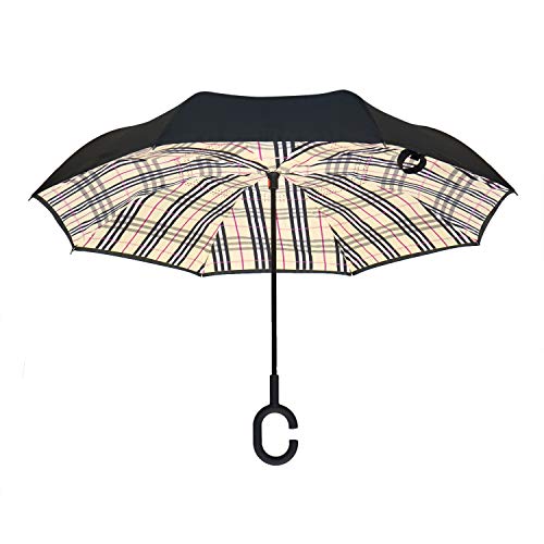 Calla Topsy Turvy Inverted Umbrella, Windproof, UV Protection, Drip-Free Inverted Design, Hands-Free Option, Comfort-Grip C-Shaped Handle and Exclusive Patterns, Plaid