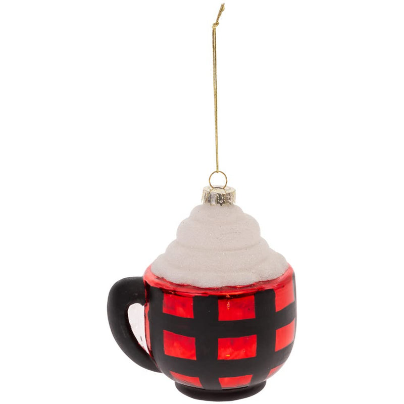 Boston International Christmas Winter Holiday Glass Tree Ornament, 7-Inches, Red & Black Plaid Mug