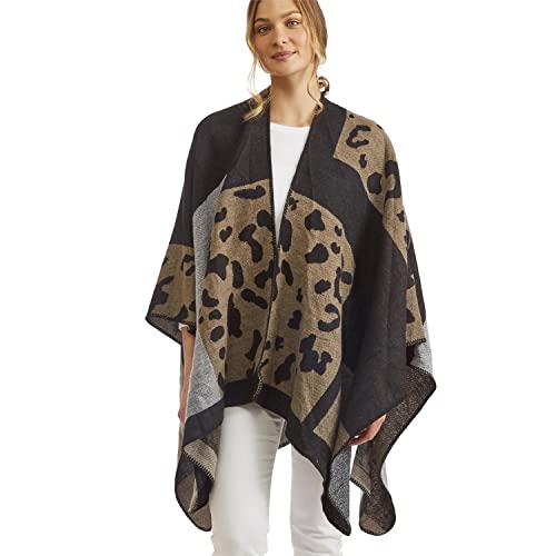 Two's Company Abstract Leopard and Color Block Panels Singular Sensation Mixed Print Modern Cape, 60-inch Length, Polyester