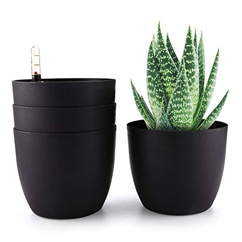 T4U 6 Inch Plastic Self Watering Planter with Water Level Indicator Black Pack of 4, Fashionable Decorative Planter Pot for All House Plants, Aloes, Herbs, African Violets, Succulents