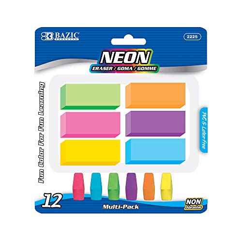 BAZIC Neon Eraser Sets, Pencil Top + Block Bevel Erasers (12/Pack), Arrowhead Caps Tops Eraser, Large Size Bulk Block Erasers for Art School Office Kids Teachers, 1-Pack