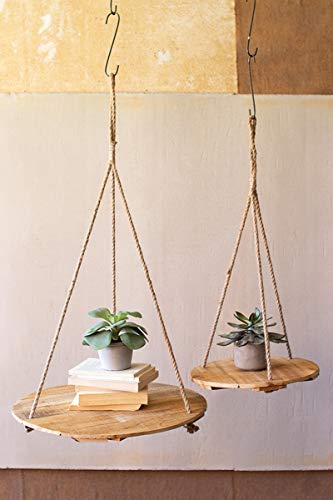 Kalalou SET OF TWO ROUND RECYCLED WOOD DISPLAY WITH JUTE ROPE