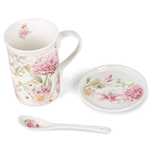 Delton Products 8152-6 Porcelain Mug-Coaster-Spoon Set, Pink Peony