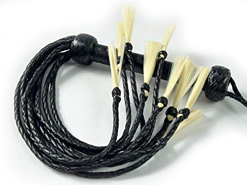 Universe Archery BARE SUTRA Bull Hide Flogger | Cowhide Leather Whip Handmade | 12 Pcs Braided Tails 21" Long | 03‚Äö√Ñ√π Long Artificial Hairs On Tails | 9‚Äö√Ñ√π Long Leather Braided Sturdy Handle Inside Wood | 350g (Black)
