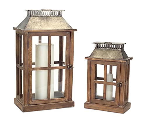 Melrose Brown and Grey Wood and Metal and Glass Lanterns (Set of 2) 13.5"H, 20"H