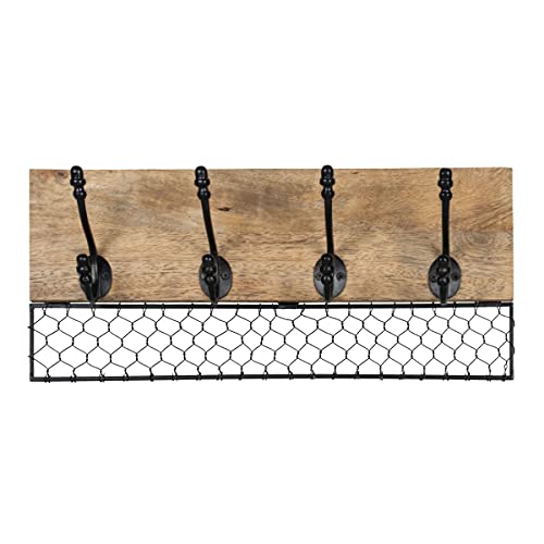 Foreside Home & Garden Chicken Wire Wood Decorative Wall 4 Metal Hooks, Black