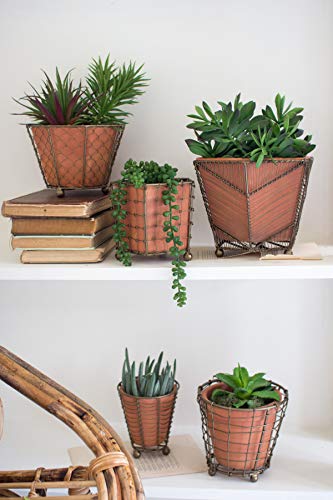 Kalalou Set of Brass Detailed Wire Wrapped Terracotta Planters, One Size, Orange